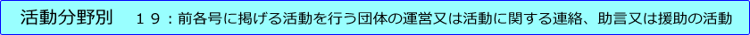 第１９号：前各号に掲げる活動を行う団体の運営又は活動に関する連絡、助言又は援助の活動